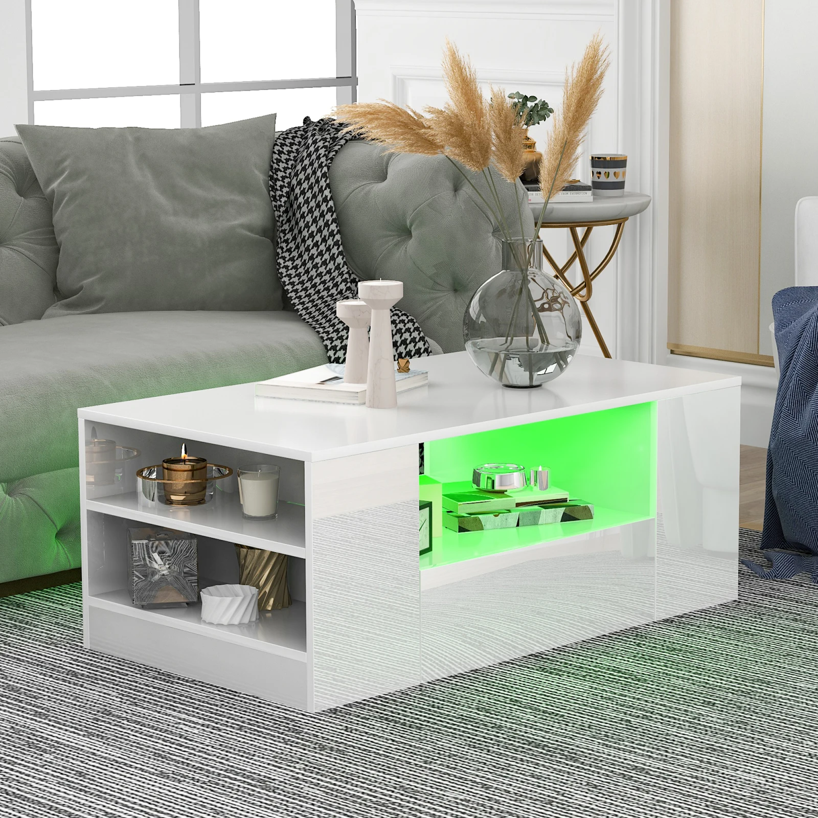 Modern coffee table high gloss living room furniture 2 drawers and 2 shelves sofa coffee table side table (95 x 53 x 37cm)