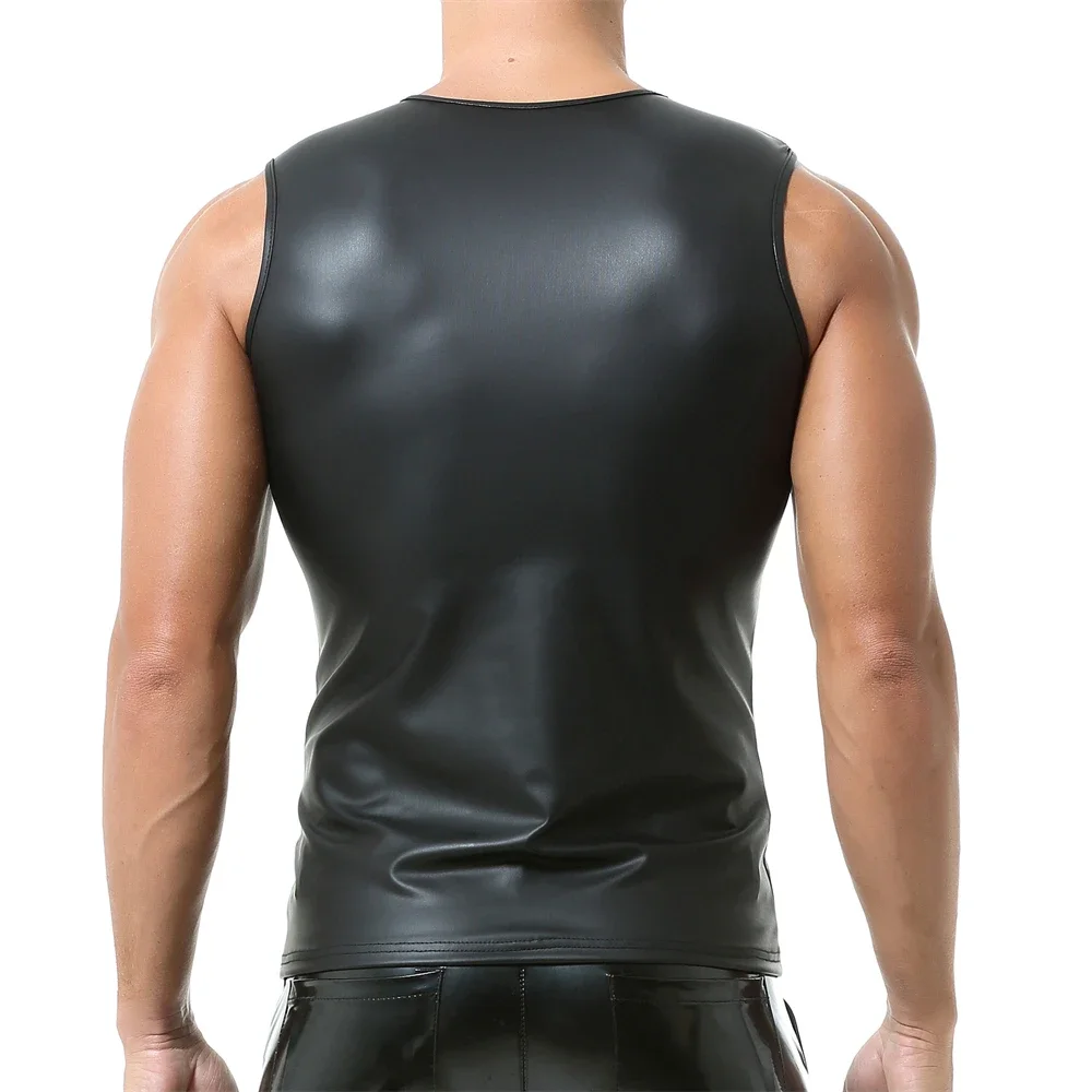 Mens Glossy PVC Leather Tank Tops Slim Sleeveless T-Shirts Sexy V-neck Nightclub Stage Male Faux Leather Vests Tops Man Clubwear