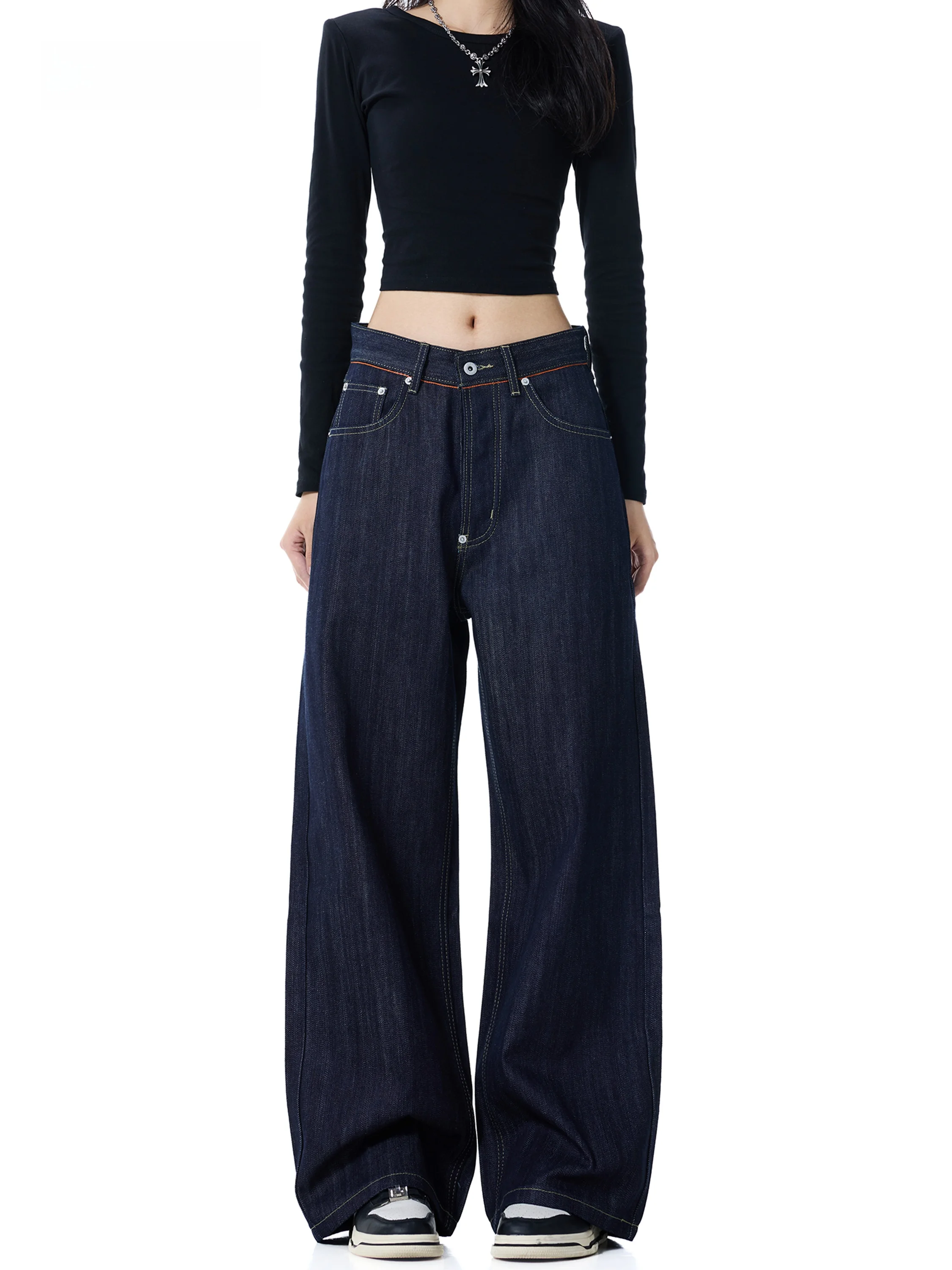 EDX Denim Blue Original Wide Leg Jeans Women's Straight Cut Adjusting Slim Fit Casual Cotton Blend Comfortable Spring Autumn