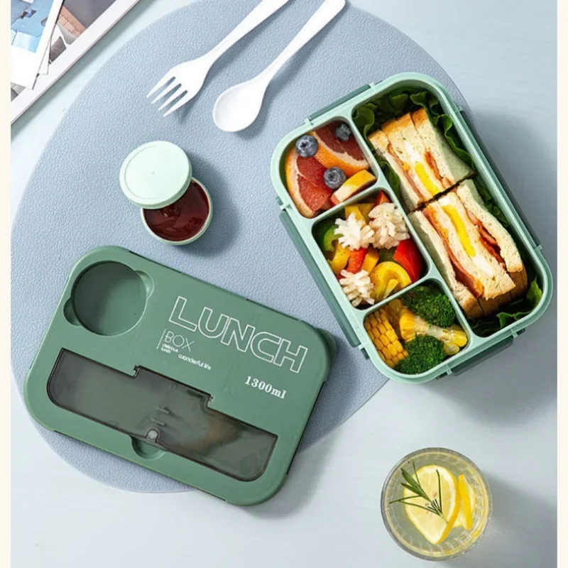 1pc 1300ML 4Grids Lunch Box with Tabieware,Microwavabie Diswasher Cieaning Hermetic Bento Box for Students Aduits Schooi Office