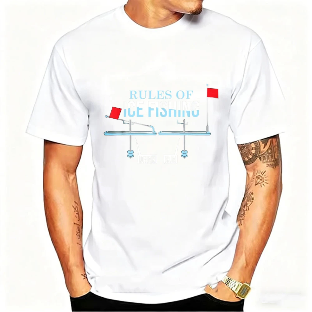 Ice Fishing T-Shirt Men Rules of Ice Fishing Funny Graphic Tee Short Sleeve Crew Neck Red Flag Tackle Drink Run Game Gift Casual