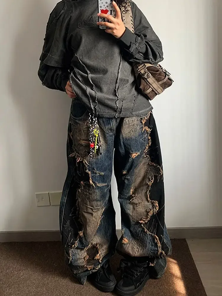 

Трехмерные широкие джинсы в стиле Wasteland, асимметричные грязные вышитые нашивки, женские свободные уличные брюки для стирки