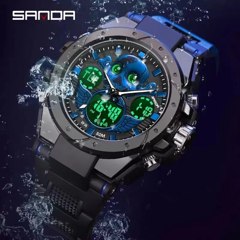 SANDA 6087 Fashion Skull Design Dial Quartz Digital Movement Soft TPU Strap Electronic Men Wrist Waterproof Sport Watch