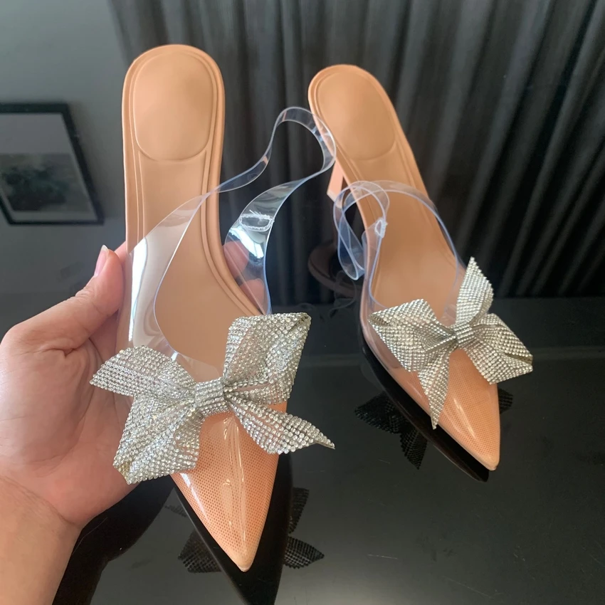 Transparent High Heels For Women 2024 Summer Pointed Toe Heeled Sandals Fashion Bow Slingbacks Pumps Ladies Stiletto Shoes