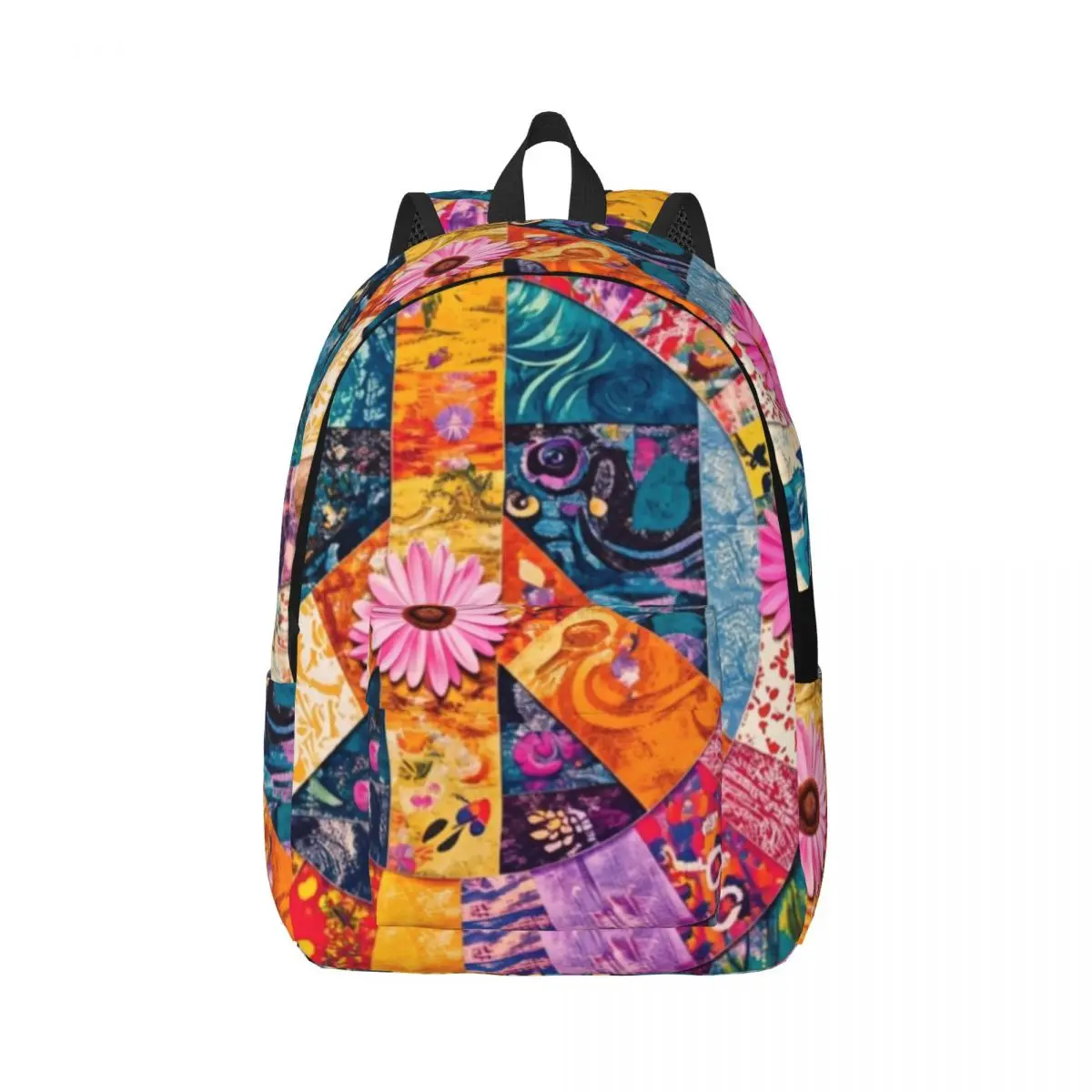 Botanical Aesthetic Backpack Center Peace Sign Patchwork Daisy Hippie Boho Patchwork Multicolor Brigh Casual Daypack for School