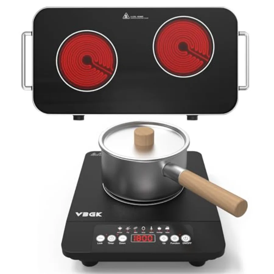Desktop 2-burner stove with induction cooktop, stainless steel, black, 9 power levels, kids lock, timer, LED touch control, ove