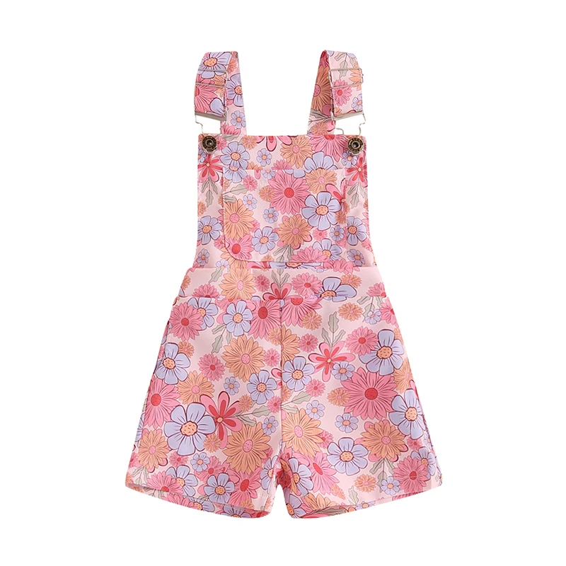 Little Girl Sleeveless Overalls Shorts Daisy Sunflower Butterfly Print Pocket Front Suspender Jumpsuit for Summer