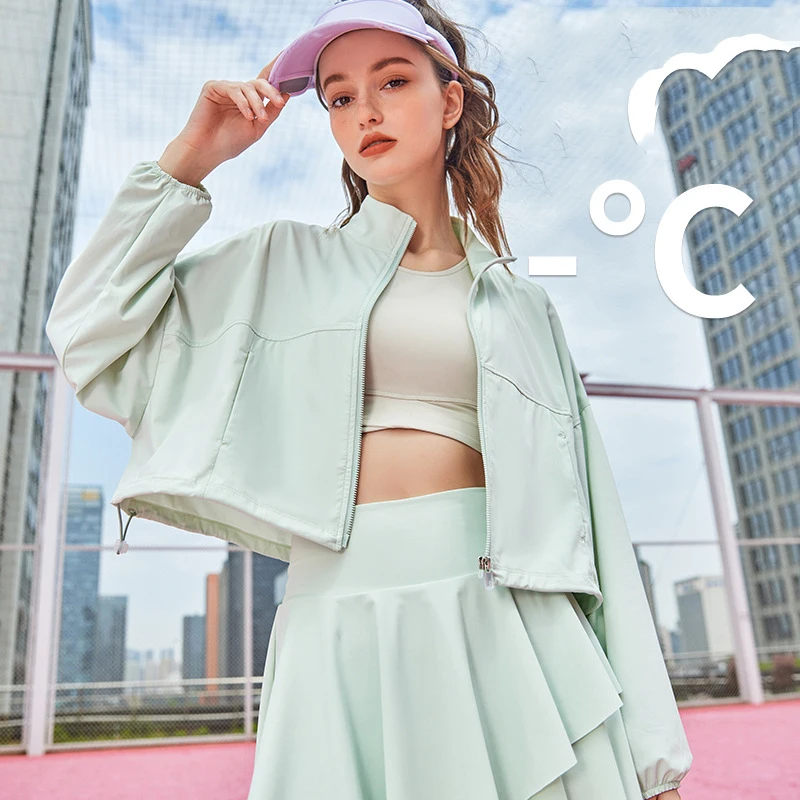 Stand Up Collar Pocket Cool Sun Protection Clothing UV Resistant Women's Outdoor Sports Fitness Jacket Loose Breathable Top