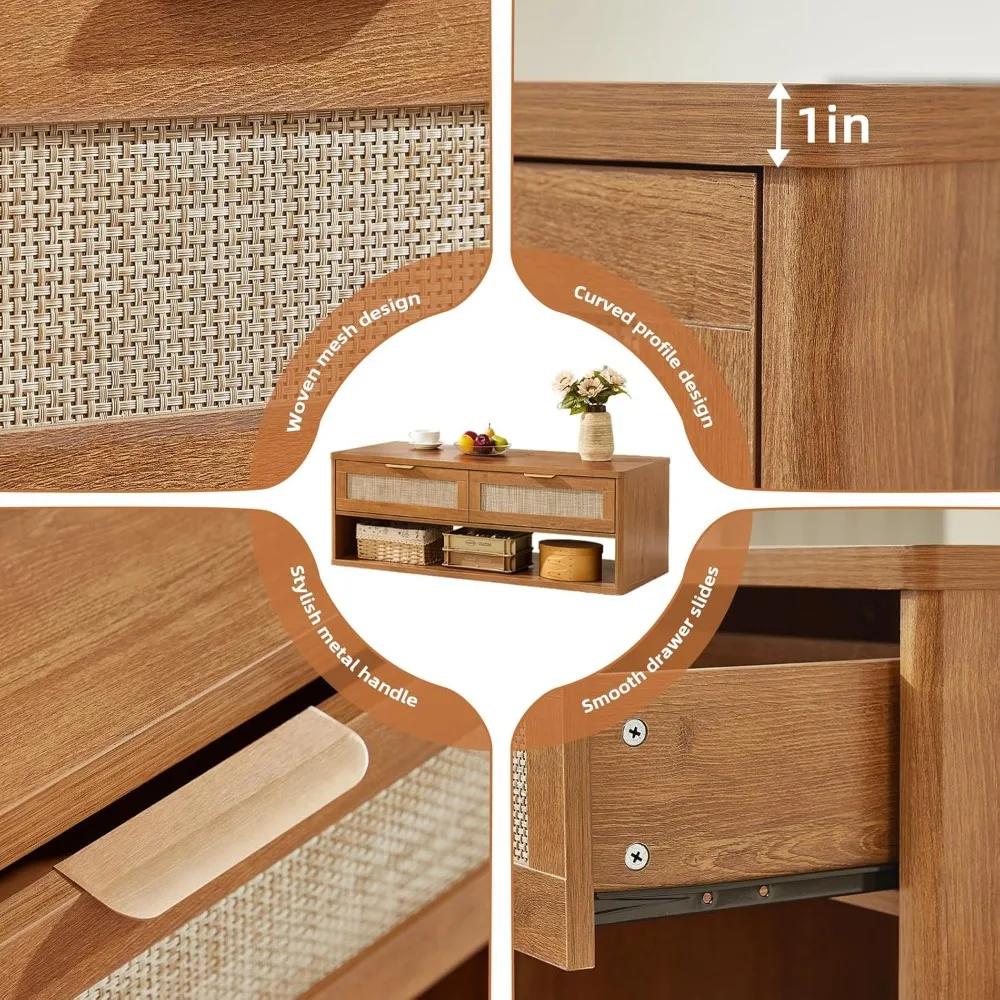 48" Farmhouse Boho Rattan Coffee Table with 2 Woven Drawers,Rectangular Coffee Tables with Hidden Storage Compartment,C