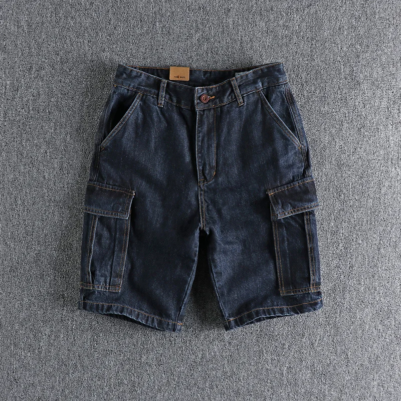 

Retro American Style Men's Denim Shorts Five Pockets Multi-Functional Youth Casual Wear Summer Fashion Leisure Straight Leg