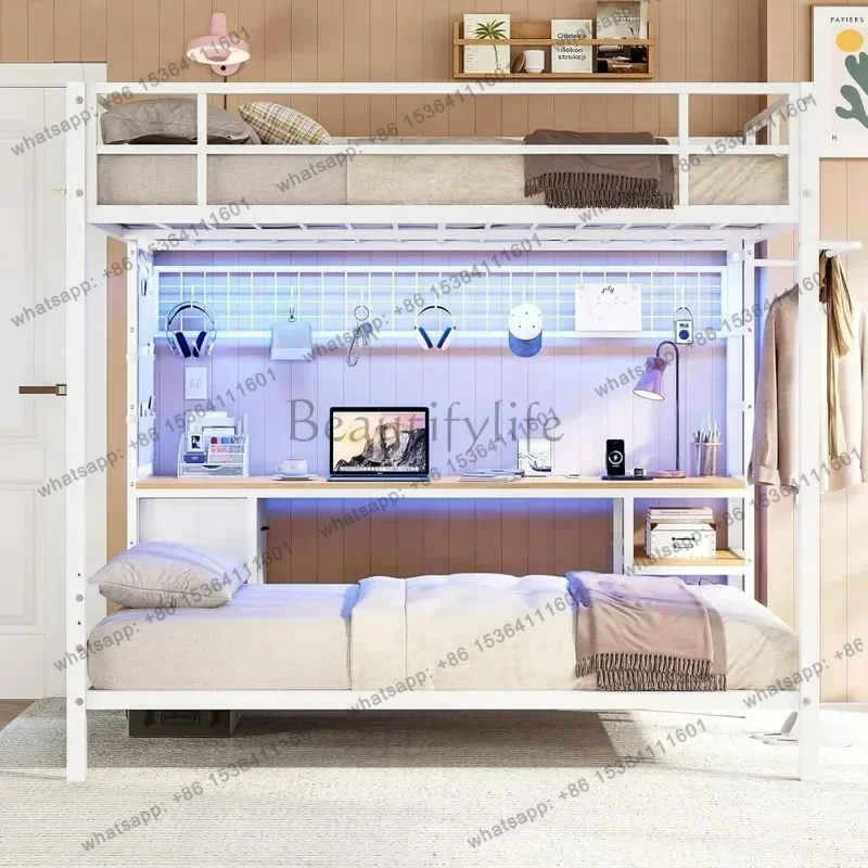 zj.Bunk Bed with Desk, LED Lights, Charging Station, Storage Shelves, Drawers, Safety Guard, Ladder, Metal Frame, Full Over Twin