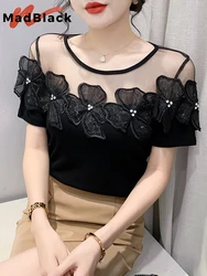 MadBlack Summer Euroepan Clothes Tshirts Female Sexy Beaded Flower Crochet Lace Slim Mesh Tops Short Sleeves Tees 2023 T35250C