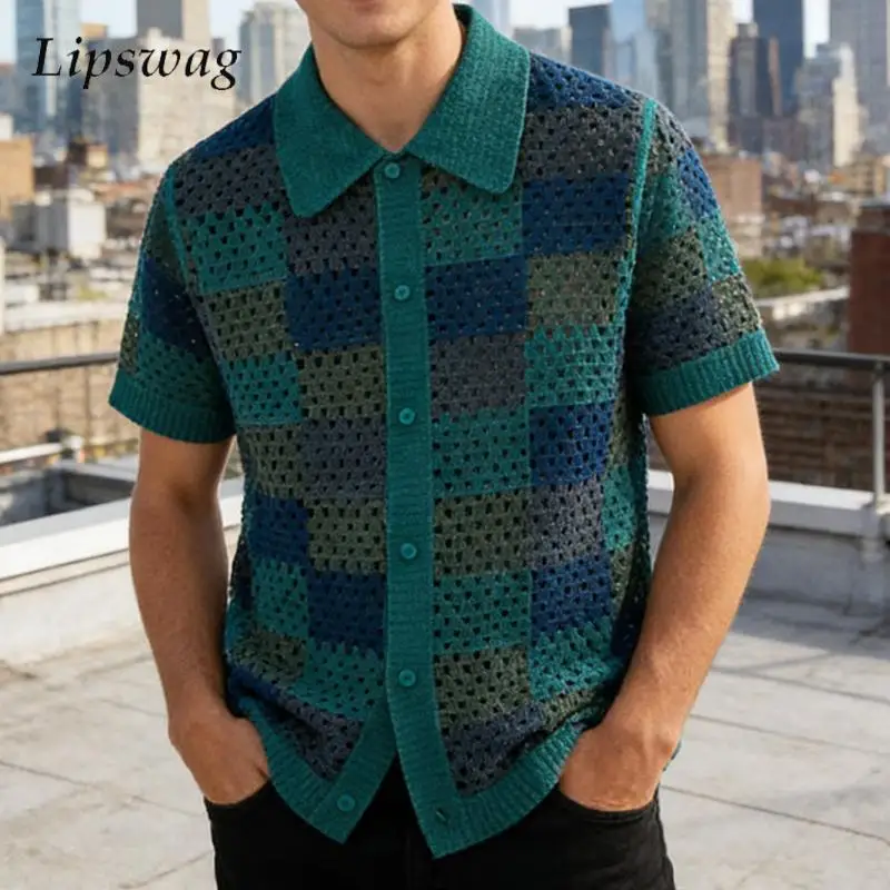 Seaside Beach Hollow Out Casual Shirts Men Vintage Buttoned Lapel Knitting Shirt Spring Summer Mens Sexy See Through Shirt Tops