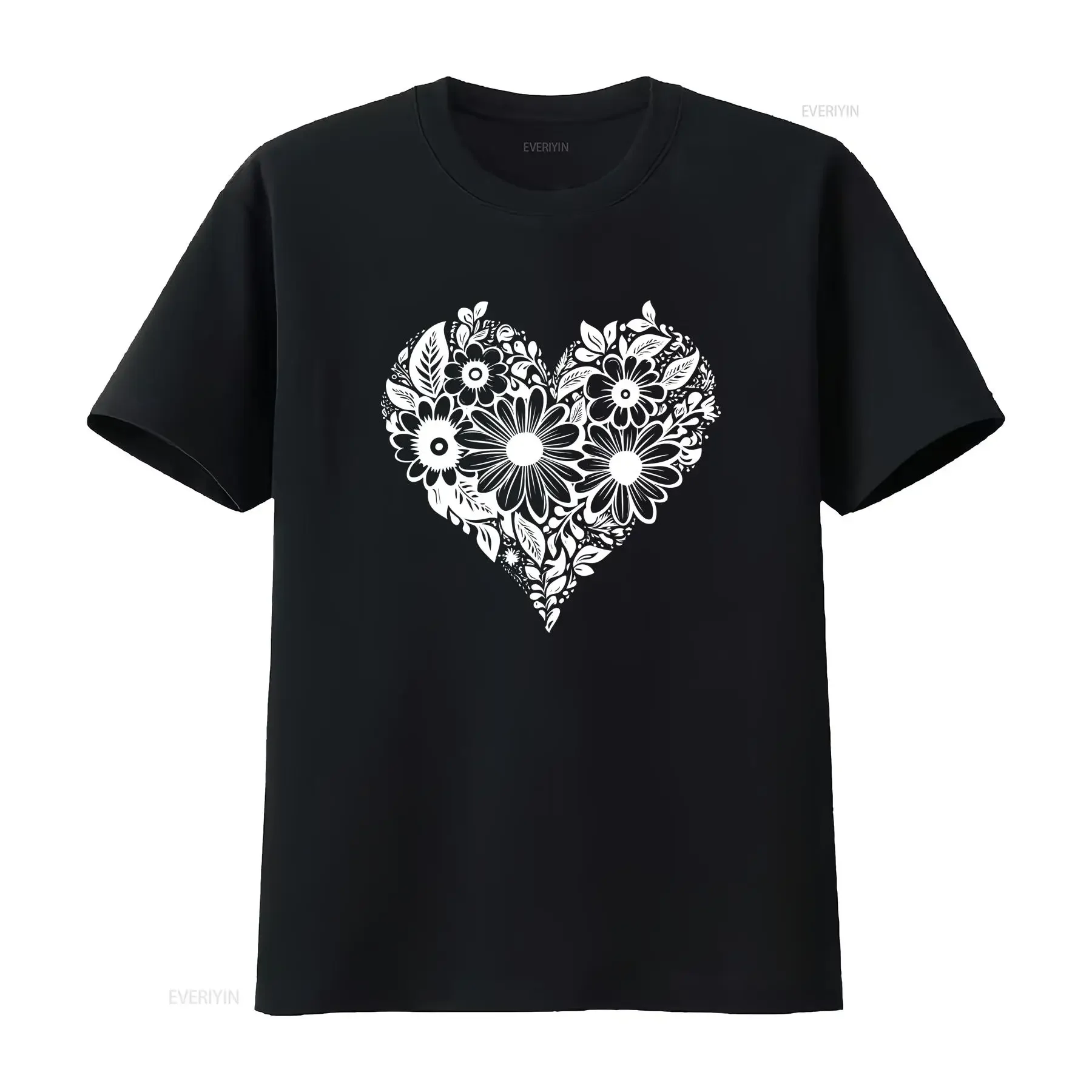 Floral Heart T Shirt Black and White Daisy Love Feminine Flower Design Casual Fashion vintage Washed graphic Comfortable