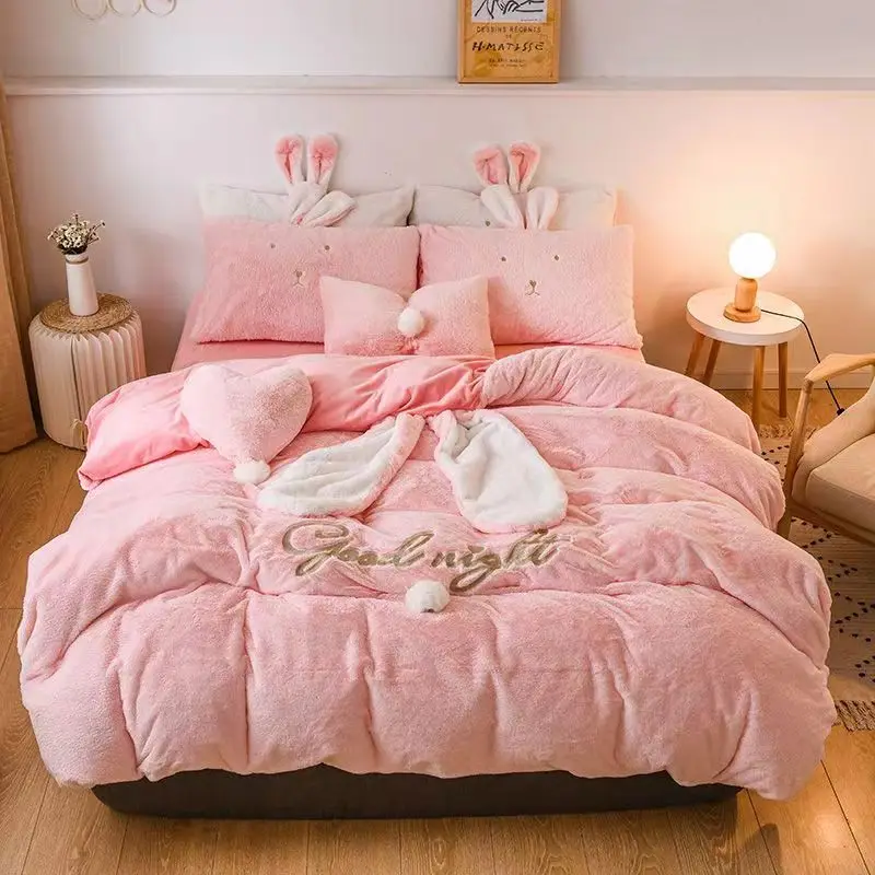 

New Pink Big Ear Rabbit Hair Four-piece Princess Style Double-sided Velvet Thickened Embroidered Quilt Cover Flannel Warm Sheet