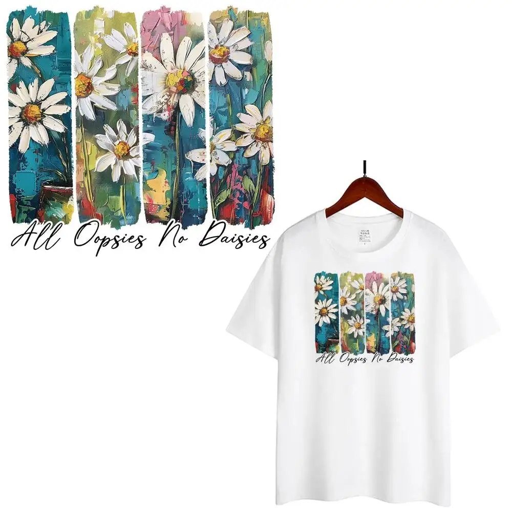 Fine Oil Painting Little Daisy Flower Heat Transfer Patches For Clothes DIY A-Level Washable T-shirts Iron-on Thermal Sticker