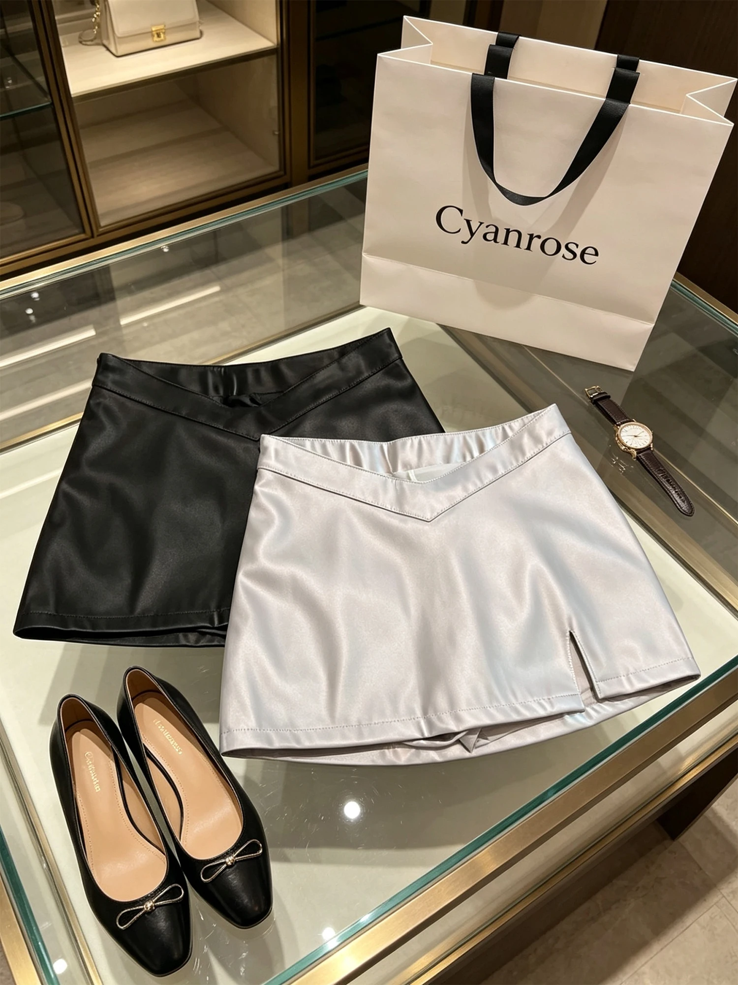 Women's Irregular Split Silver Skirt Cyber Punk Y2K Gyaru A-line Skort Vintage High Waist Bodycon Leather Skirt for Women Summer