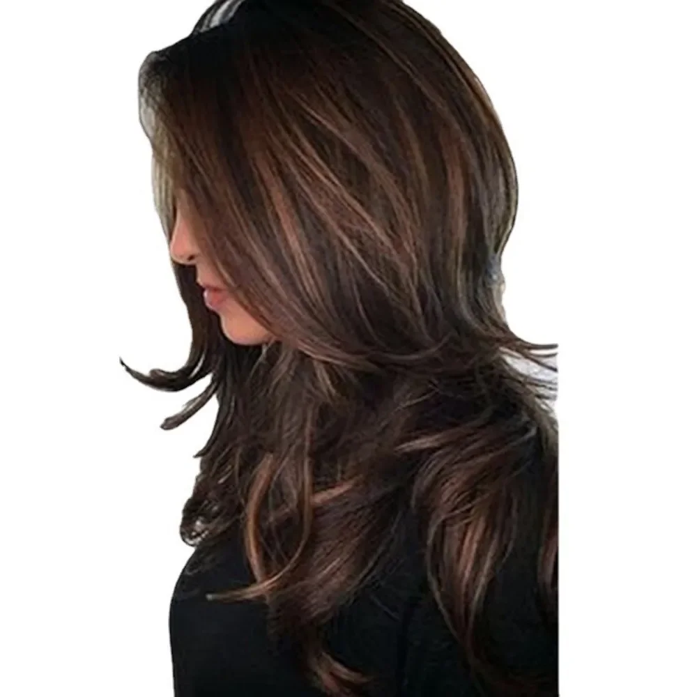 Synthetic Fashion Linen Mix Brown Long Curly Wig Women Simulation Cosplay Full Head Cover