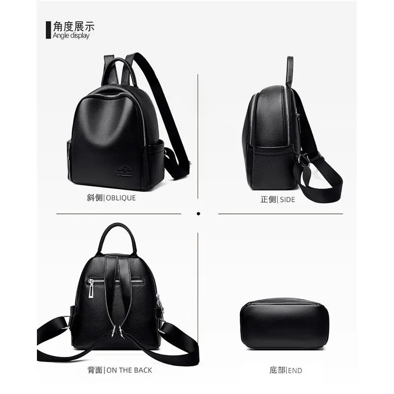 Black Genuine Leather Backpack Purse for Women, Girls Premium Cowhide School Bag, Small Anti-theft Daypack Double Zipper