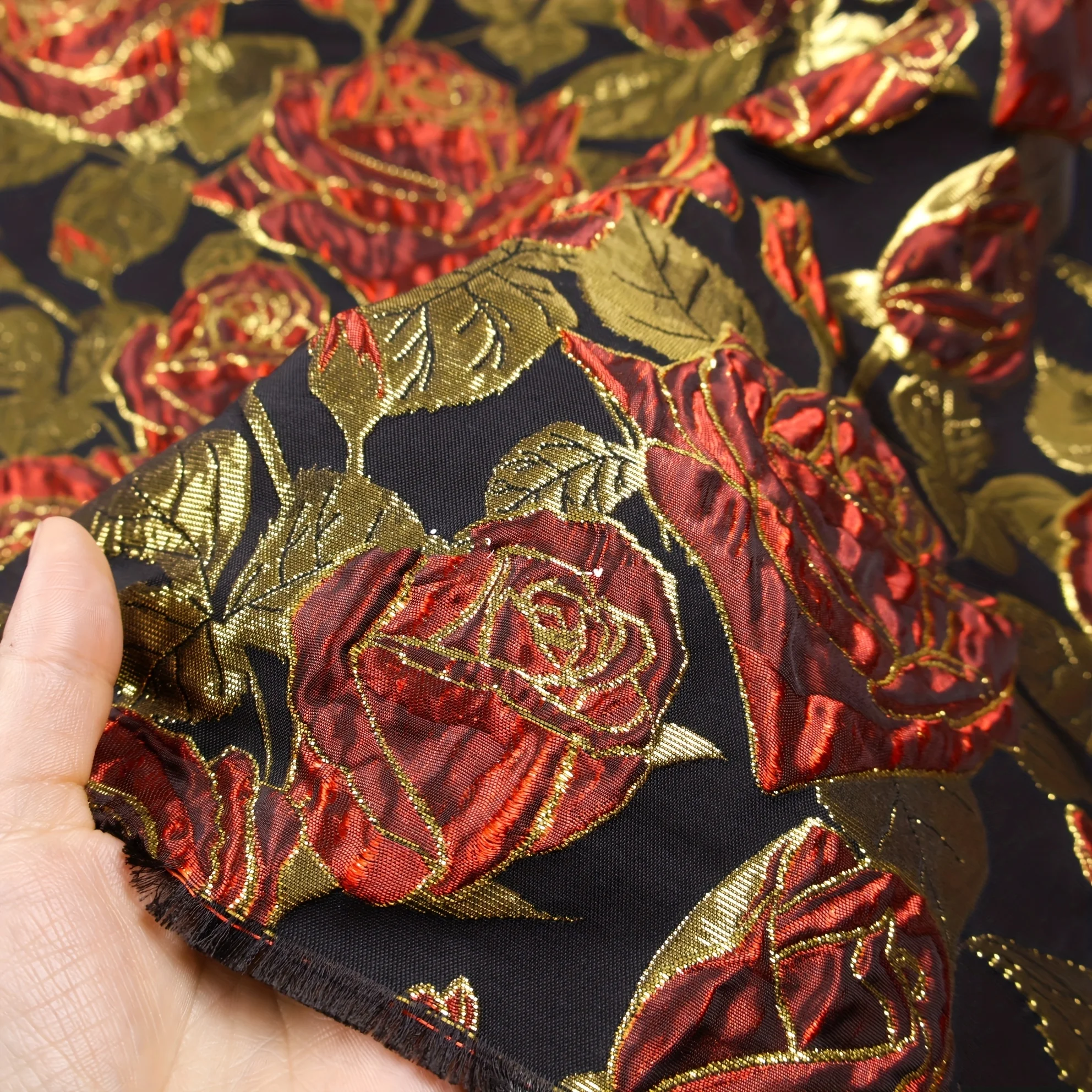 2 Yards of Glossy Silhouette Black Background Jacquard Fabric with Large Rose Pattern for Dress or Cheongsam Designer Fabric