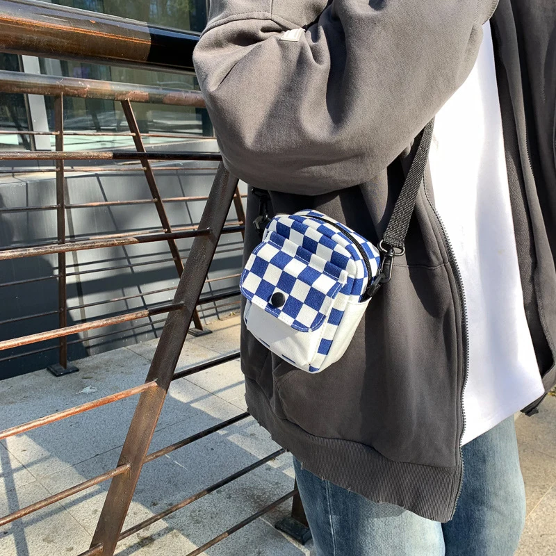 Men Sports Messenger Bag Adjustable Strap Daily Commute Travel Essential Mini Checkered Square Design With Front Fashion Pocket