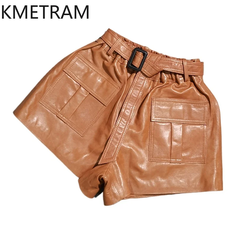 

KMETRAM 100% Top Layer Sheepskin Shorts for Woman High Waisted Genuine Leather Wide Leg Short Autumn Women' S Clothes 2025 шорты
