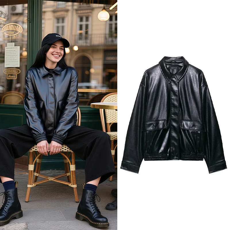 سترة منفوخة غير رسمية 2025 سترة نسائية خريفية سوداء مع تصميم بحاشية مرنة لملابس الشارع والحياة الليلية Trafizaran #1