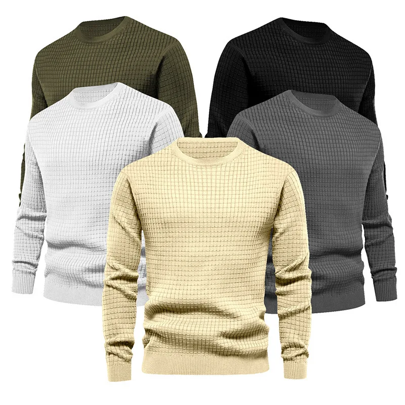 Men's Sports Casual Long Sleeve T-Shirts Solid Plaid Loose O-Neck Knit Tees Tops Male Streetwear Pullover Breathable Tshirt