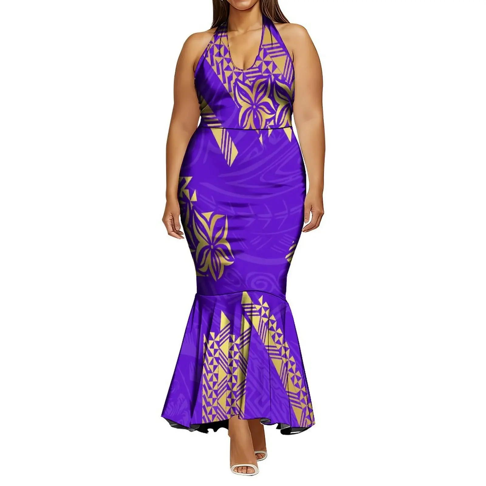 Summer Slimming And Sexy Long Tied Fishtail Dress With Floral Print Pattern Design Polynesian Custom-Made Women'S Dress