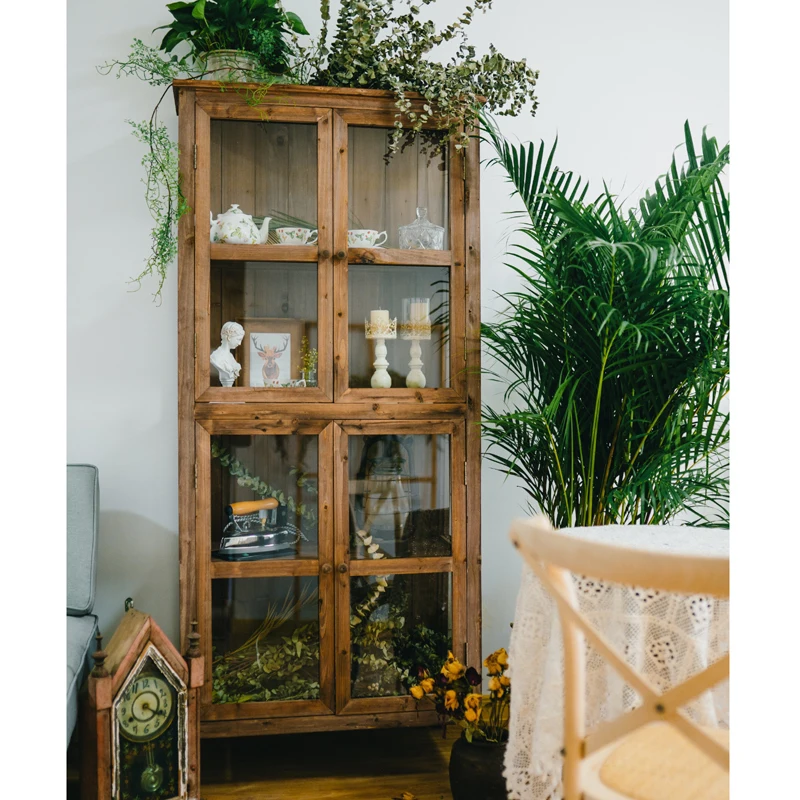 American rural retro old solid wood dining side cabinet glass display cabinet storage  bowl cup dish storage
