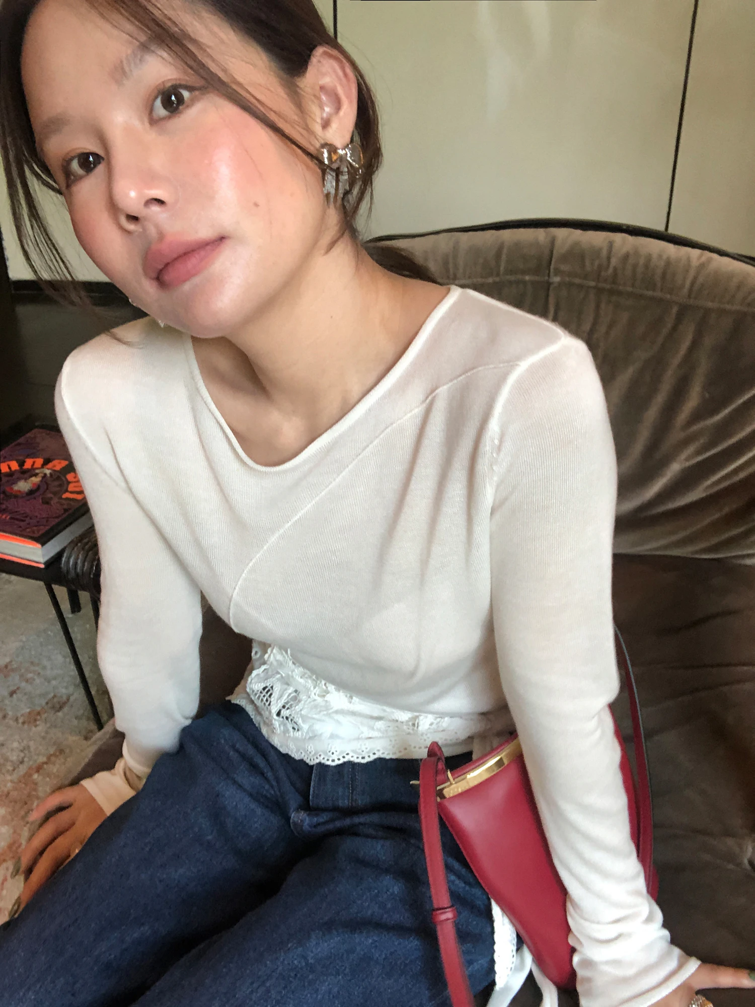 

WXLSTUDIO Artistic Silk Tie Design Slim Fit Long Sve Knitted Top Women Base Layer irt Commute Sle Asymmetric Pure Color