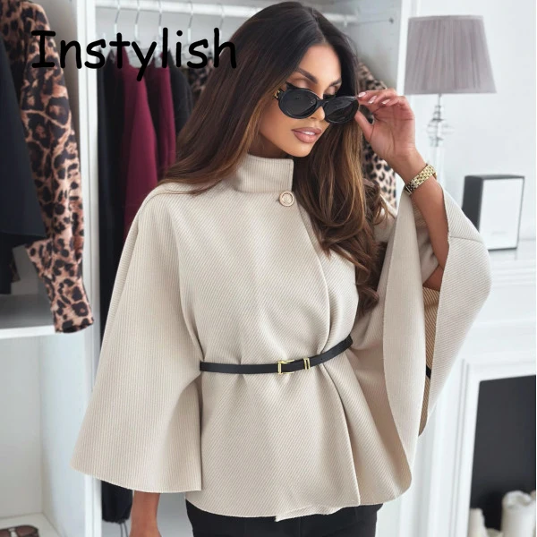 Women Batwing Long Sleeve Woolen Cape Jacket Autumn Winter Elegant Solid Loose Coat Vintage Harajuku Cloak Streetwear Outwear