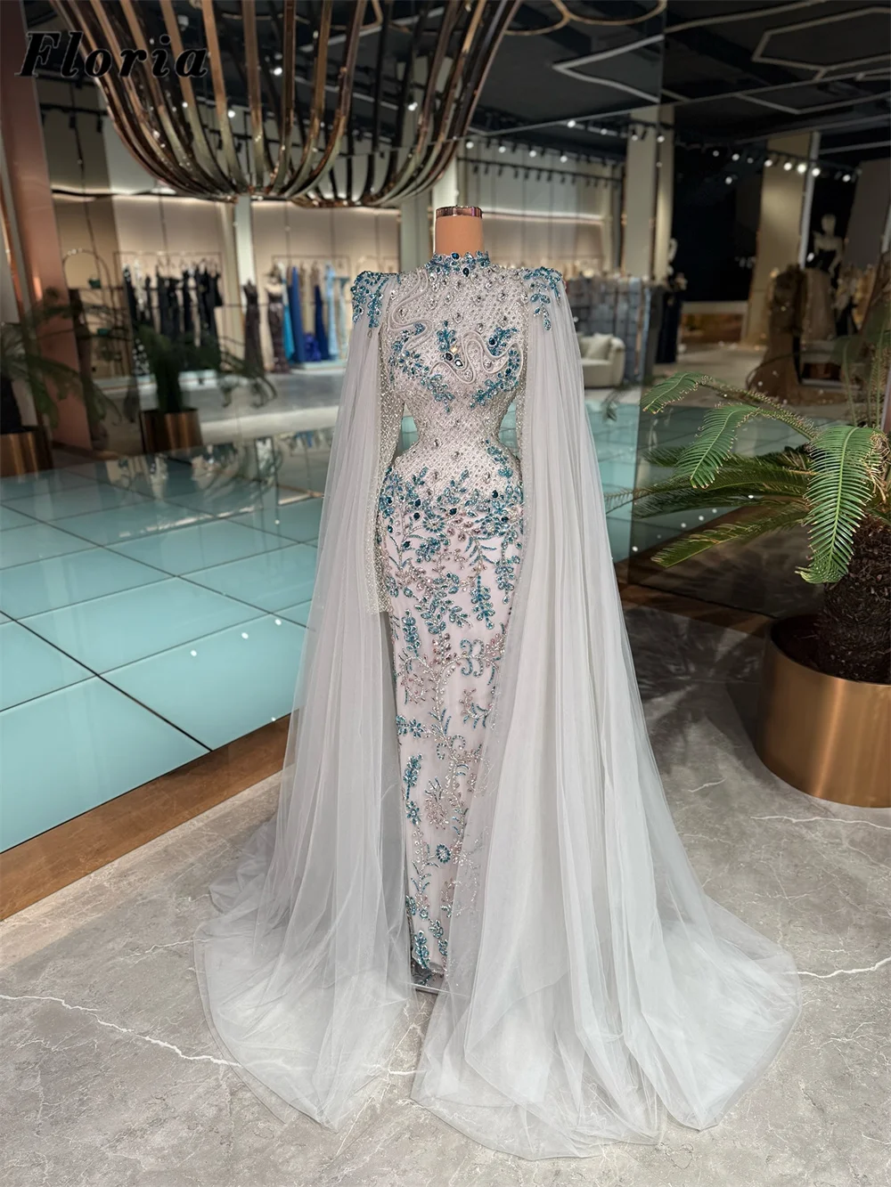 

Middle East White Cape Sleeves Evening Dresses Blue Beaded Gorgeous Women Mermaid Red Carpet Runway Dress Customized Party Gowns