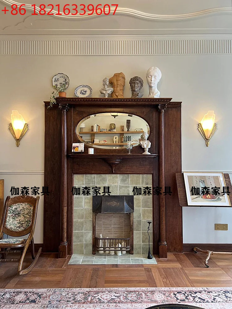 

Solid wood old mirror fireplace background wall Roman column medieval carving