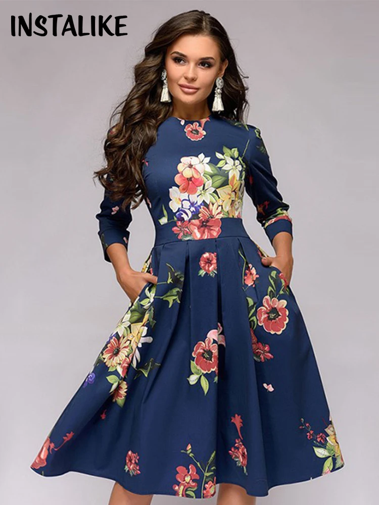 

InstaLike-Women's Floral A-Line Dress, Midi Dress, Evening Elegant Robe, O-Neck, 3/4 Sleeve, Office Lady Clothes, Sexy Fashion