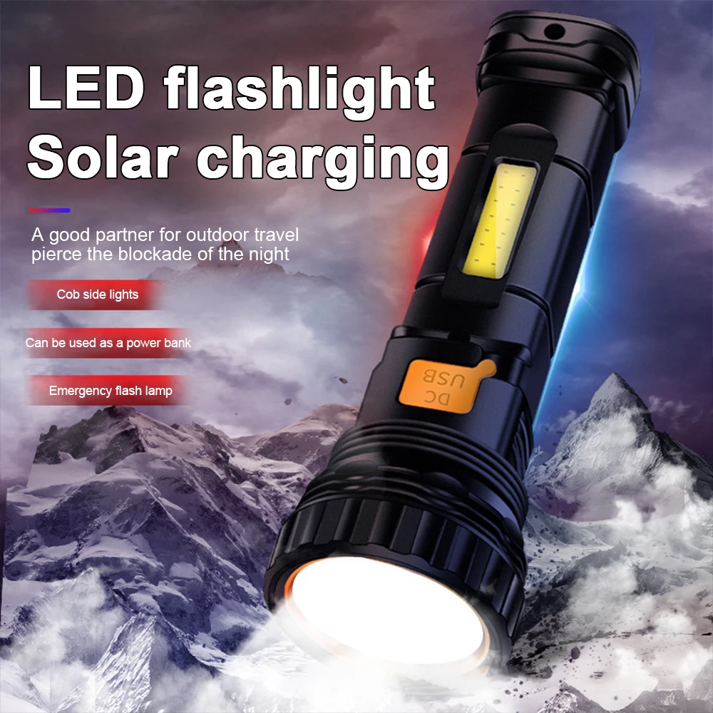 Multi-function Solar LED Flashlight Strong Light Emergency Power Bank LED Solar Flashlight Outdoor Camping Portable Flashlight