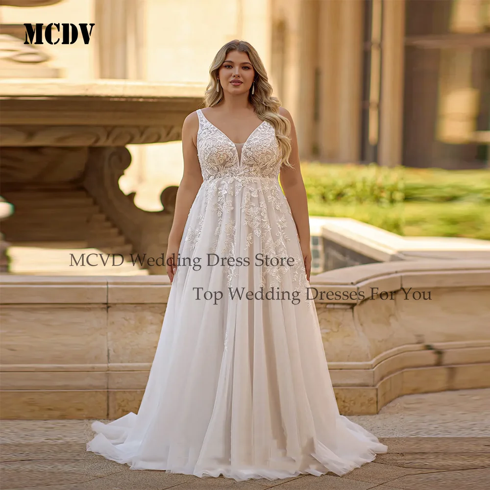 

MCDV V-neck Lace Applique Bridal Grown Plus Size A Line Wedding Dresses Sleeveless Backless Customized 2026 Rode De Morrie