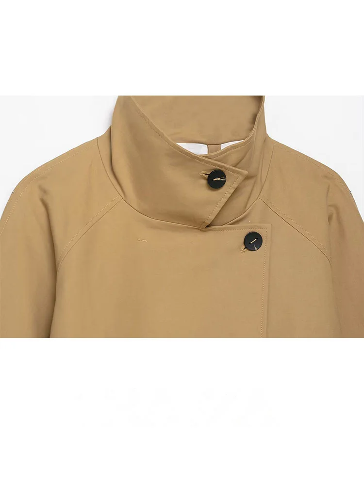 HH Women Elegant Short Windbreaker High Collar Loose High Street Coat 2025 Autumn Woman Fashion Asymmetric Buttons Jacket