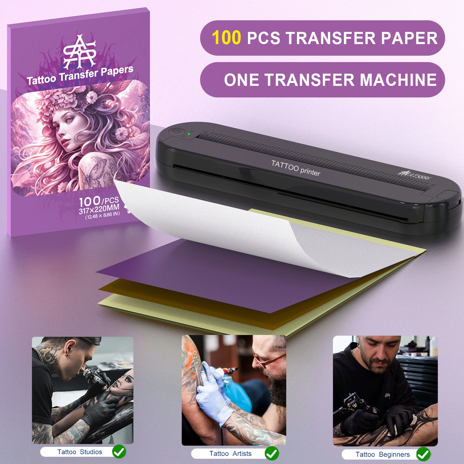 Portable Wireless Bluetooth Thermal Tattoo Stencil Printer A4 Inkless Transfer Copier with 100 Sheets 4-Layer Thermal Transfer