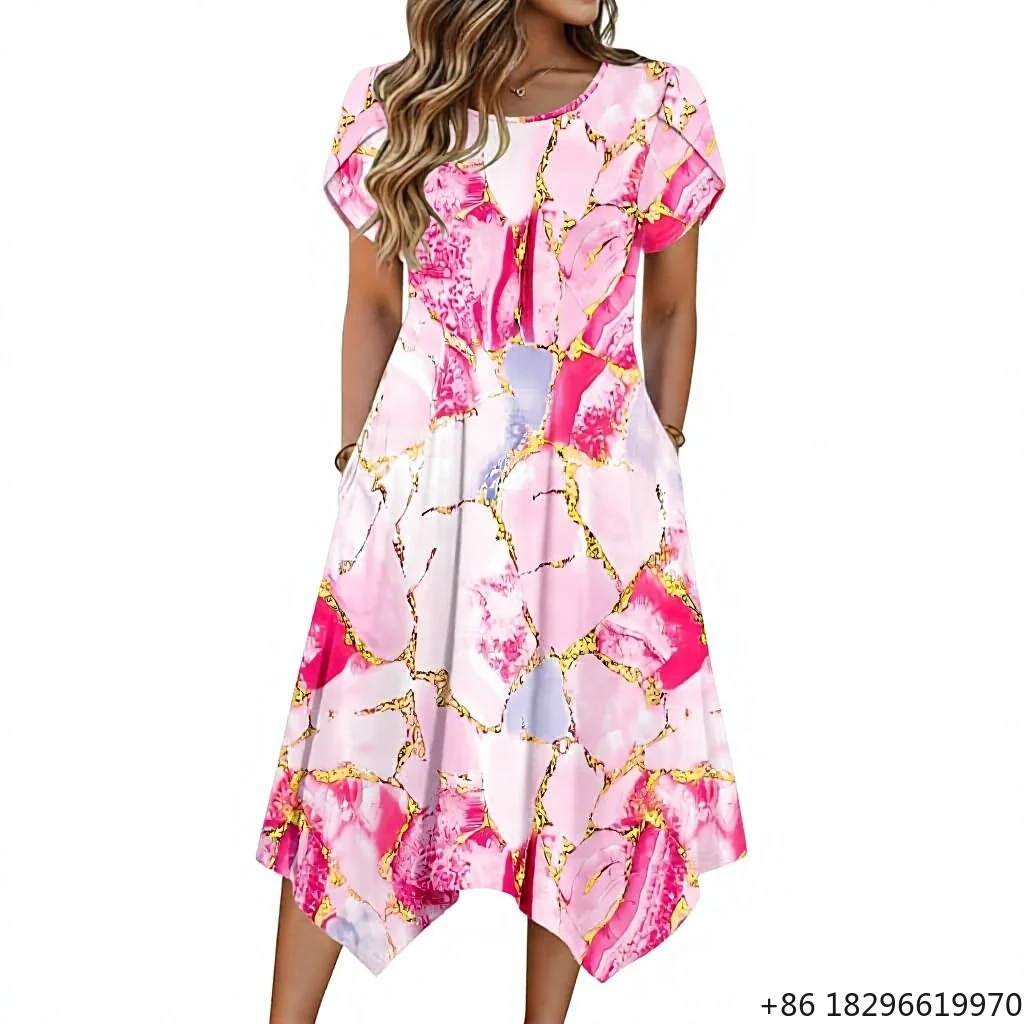 Source Factory ODM OEM Summer Casual Printed Midi Dress Short Sleeve Flowy Vacation Dress With Side Pockets