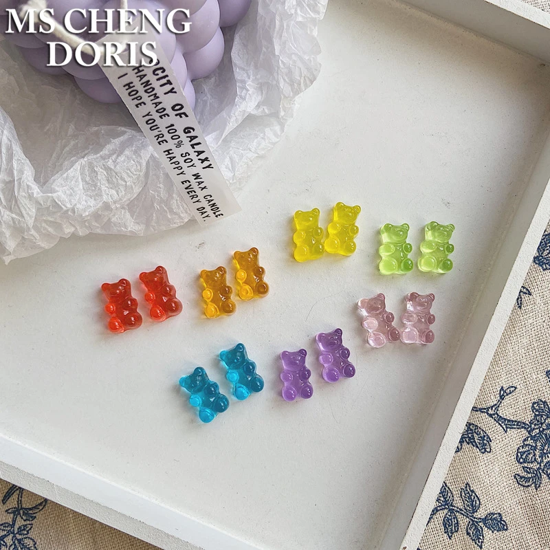 Kids Candy Color Jelly Bear Stud Earrings Women Girl Cartoon Transparent Bear Barrette Fashion Cute Resin Gummy Bear Jewelry