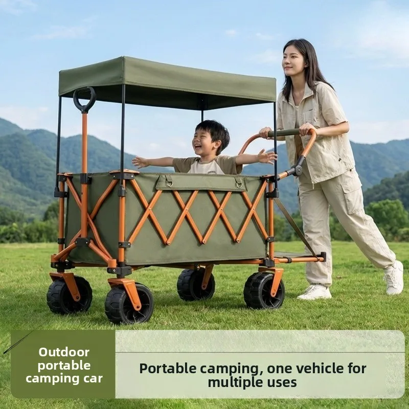 Portable Gathering Camping Wagon with Table Board 4-Wheel Foldable Outdoor Picnic Stall Utility Trailer Cart