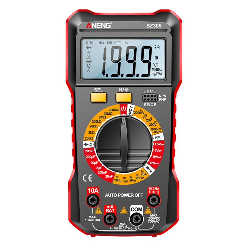 Voltage Resistance Meter Digital Multimeter Large Screen 1999 Counts Auto-Ranging Multifunctional for Diode/hFE Transistor Check