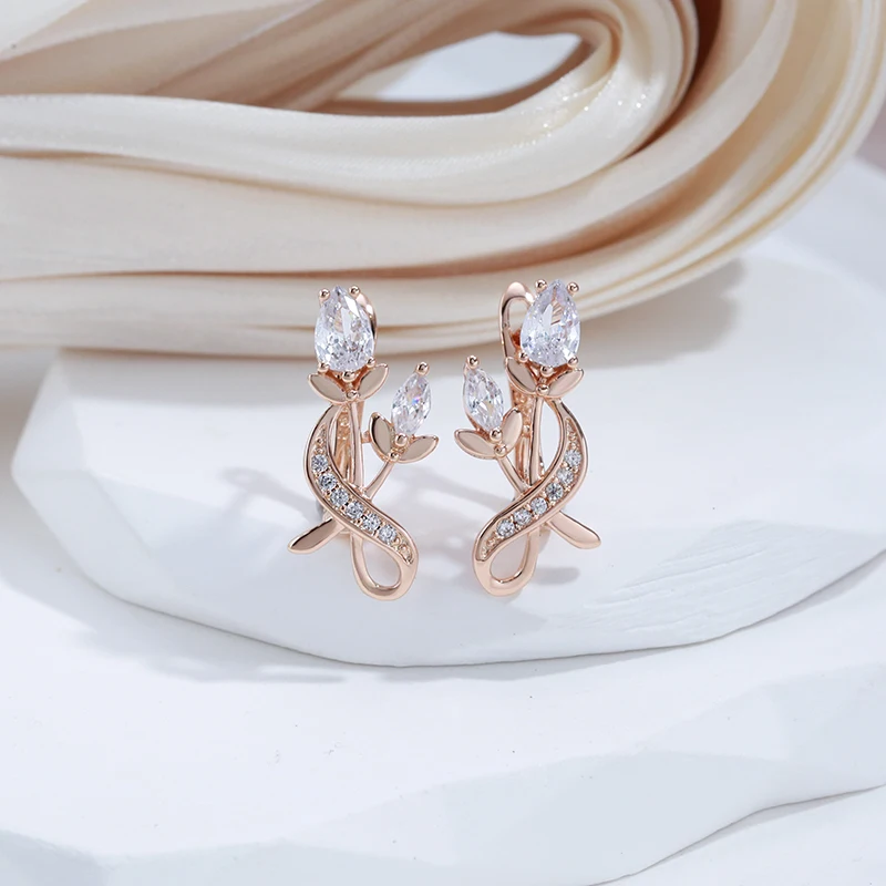 SYOUJYO Rose Flower Natural Zircon Drop Earrings For Women 585 Rose Gold Color Bride Wedding Fine Jewelry Luxury Earring Gifts