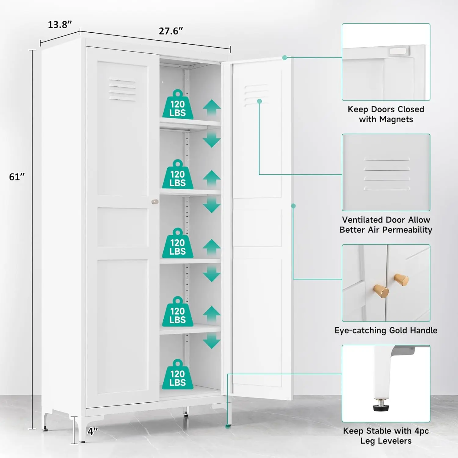 Armário De Armazenamento Com Portas E Prateleiras, Armário De Armazenamento Branco, 5 Tier Metal Pantry Cabinet, Alto Grande