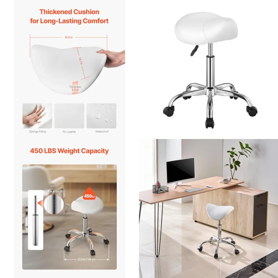 

Saddle Stool with Wheels, 450 LBS Weight Capacity Ergonomic Rolling Stool, Height Adjustable Thickened PU Leather Swivel Saddle