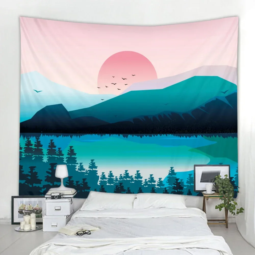 Nordic Mountains Sunrise Misty Forest Psychedelic Scene Home Decor Tapestry Hippie Wall Hanging Boho Yoga Mat Room Wall Decor