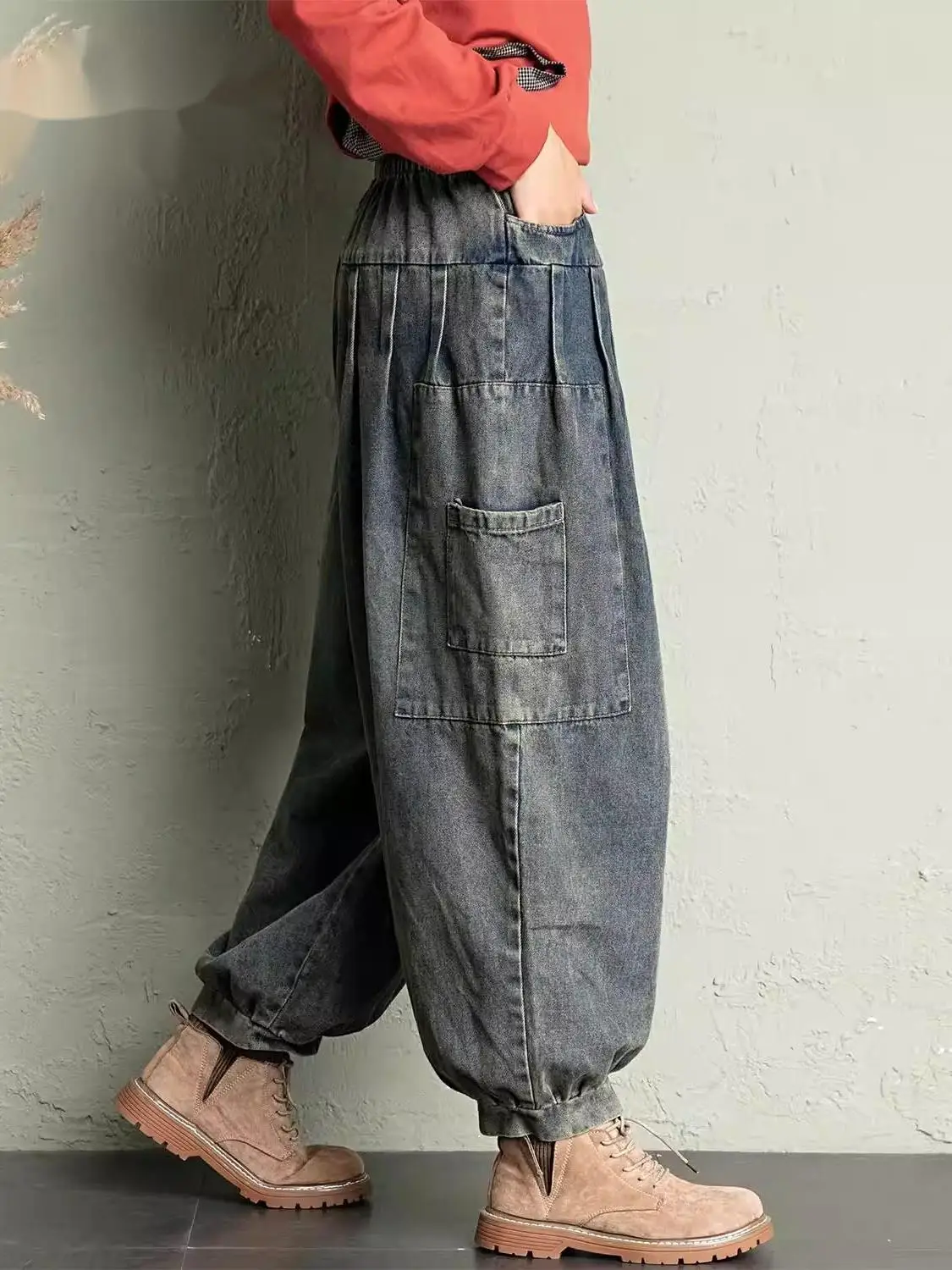 Loose High Waist Denim Lantern Pants Women's Nine Points Conceal Meat Slim Harlan Casual Artistic Dad Pants Spring Autumn