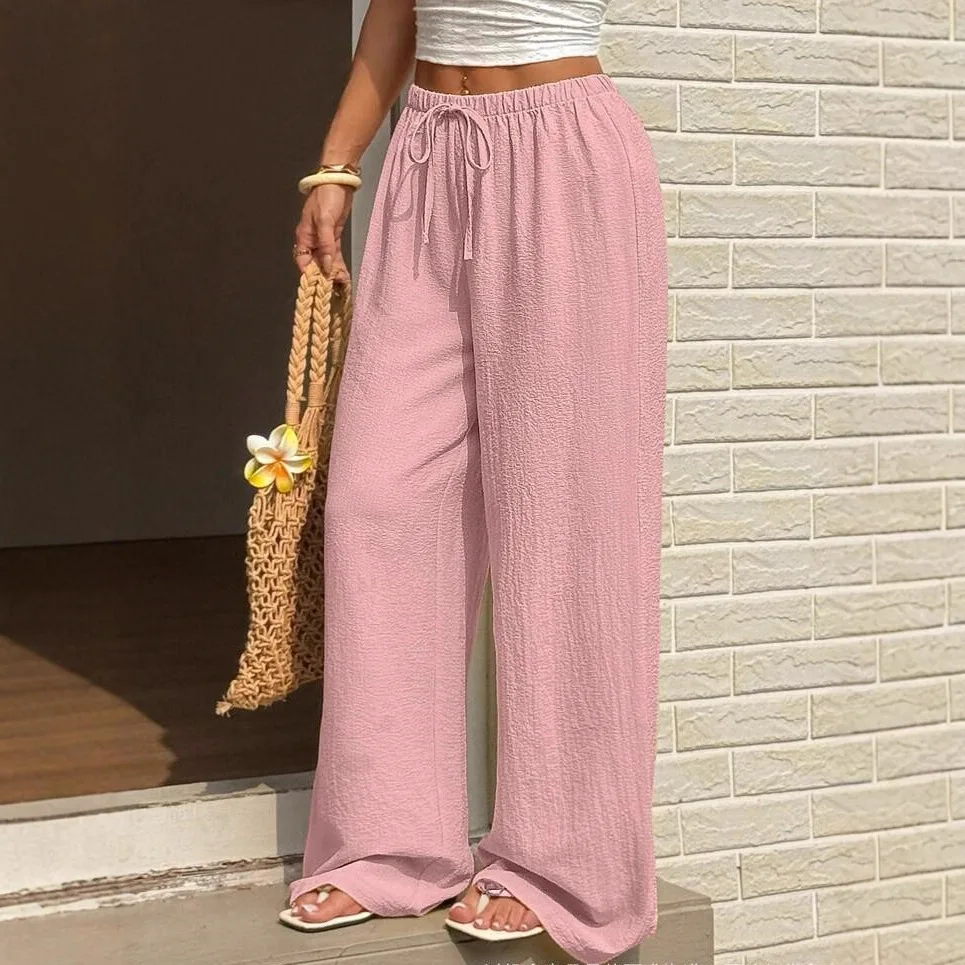 Summer Pink Lace-up Loose Mopping Casual Trousers  2025 New Europe and America
