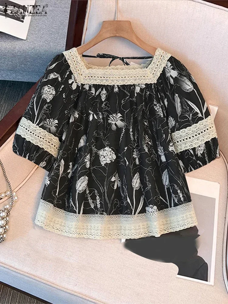 Lace Blouse Women Printed Tops Vintage Short Sleeve Tunic 2025 ZANZEA Fashion Pacthwork Blusas Casual Loose Square Neck Tops